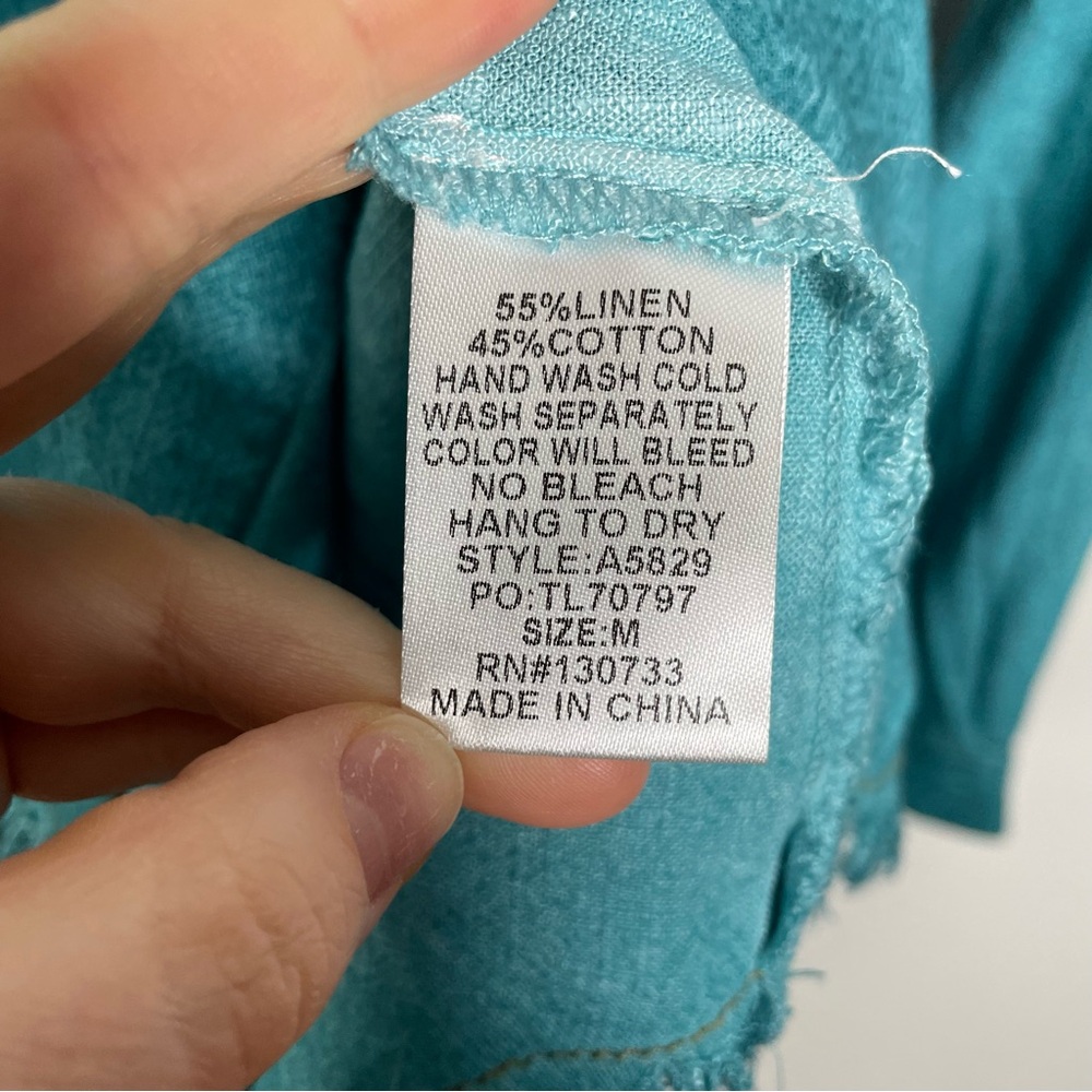 Umgee Button Down Linen Boyfriend Shirt Frayed Hem Mineral Wash Teal Blue Size M - Picture 4 of 5